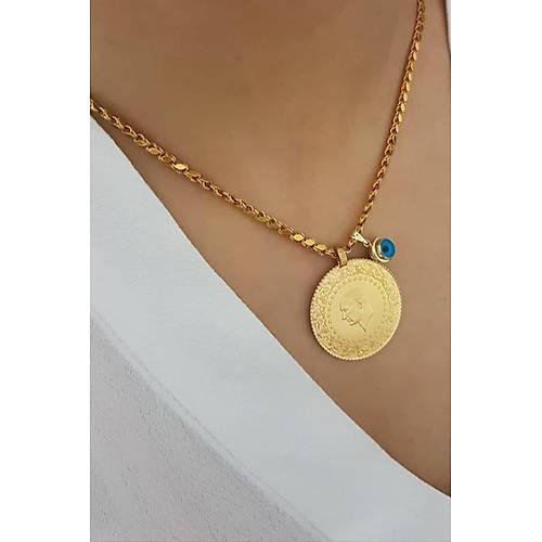 22 Ayar Tam Altınlı Nazarlı Pul Zincir Kolye