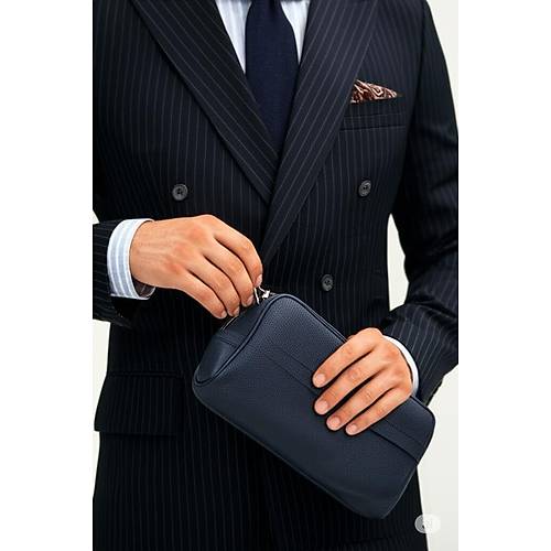 �ift Kulplu Deri G�r�n�ml� Erkek El �antas� Lacivert