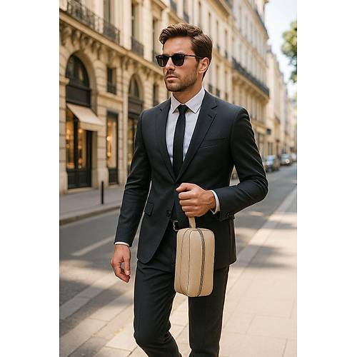 �ift Kulplu Deri G�r�n�ml� Erkek El �antas� Krem