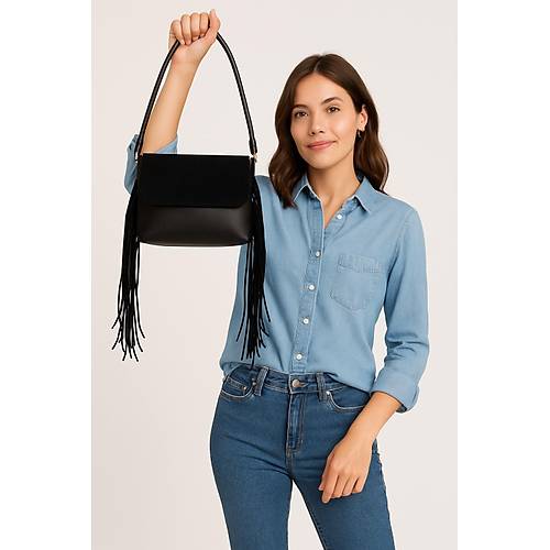 Siyah Deri Pskll Zincirli Kadn Omuz antas