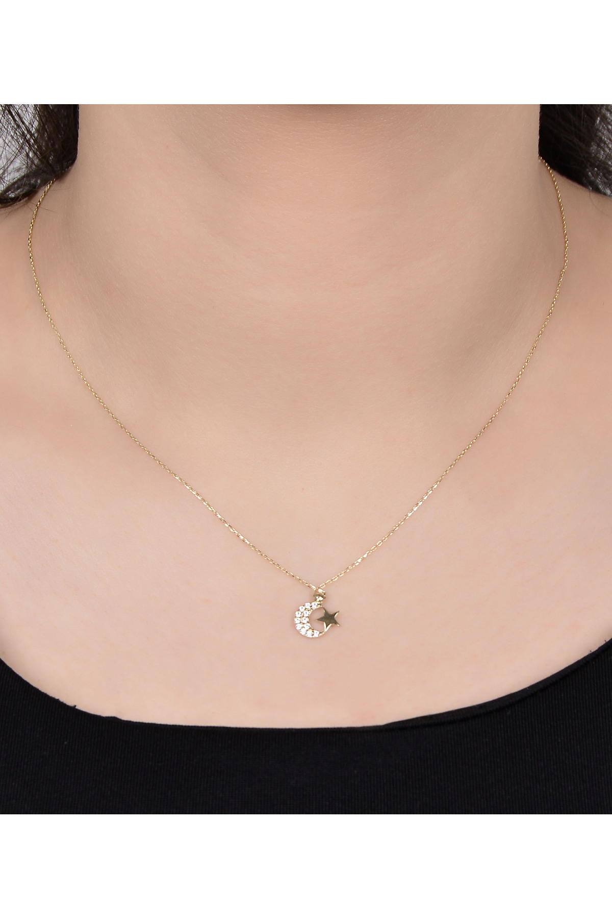 1,50 gr (GRAM) Beyaz Taşlı Ay Yıldız Kolye Zincir 45 Cm 14 Ayar Altın