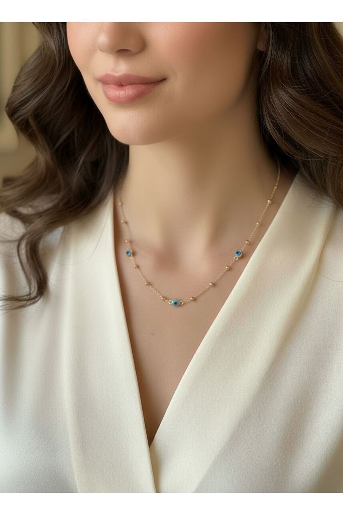 2,40 gr (GRAM) 3 Nazar Gözlü Dorikalı Kolye 14 Ayar Altın 45 cm