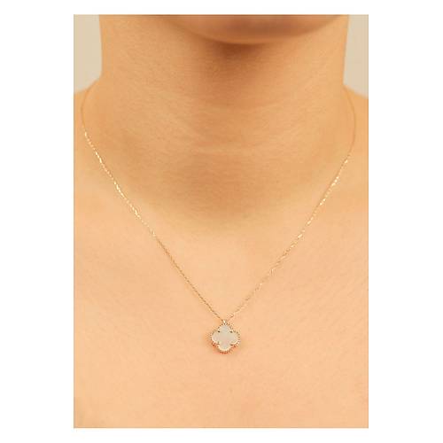 2.00 gr (gram)  Beyaz Tal Yonca  Kolye  45 cm 14 Ayar Altn