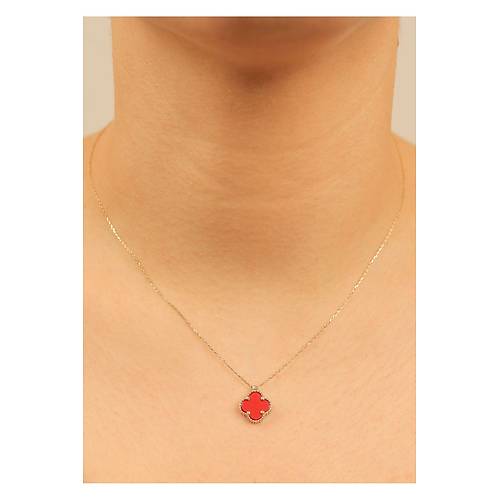 2.00 gr (gram)  Yonca  Krmz Tal  Kolye  45 cm 14 Ayar Altn