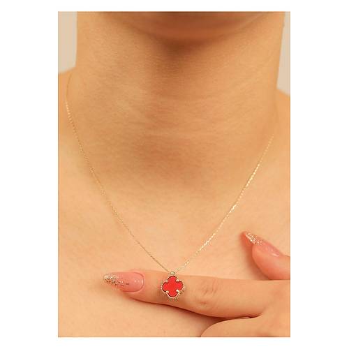 2.00 gr (gram)  Yonca  Krmz Tal  Kolye  45 cm 14 Ayar Altn