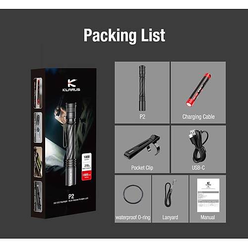 KLARUS P2 1000 Lmen Kalem Tipi EDC Taktik Fener