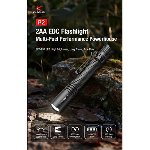KLARUS P2 1000 Lmen Kalem Tipi EDC Taktik Fener