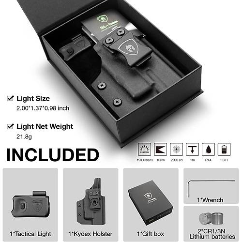 WARRIORLAND SL-1 Mini Pistol Light + Kydex Holster (150 Lumen)  Glock 17/19/21/22 Gen 3?5 & G23/32 Gen?4 Uyumlu