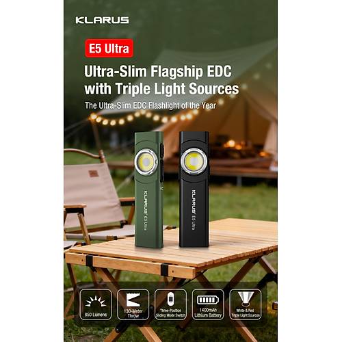 Klarus E5 Ultra - Ultra �nce, Manyetik, �arjl� EDC El Feneri (800 L�men)