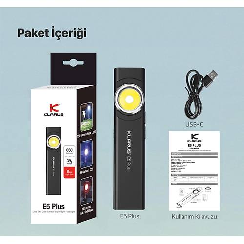 Klarus E5 Plus  Ultra nce, Manyetik, arjl LED Fener
