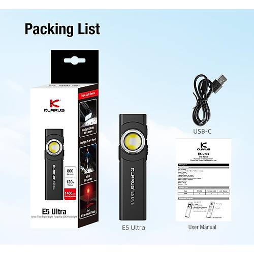 Klarus E5 Ultra - Ultra �nce, Manyetik, �arjl� EDC El Feneri (800 L�men)