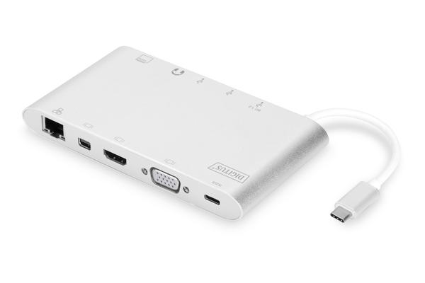 Digitus DA-70861 USB 3.1 Type C to HDMI miniDP VGA USB Type C DP 3x USB 3.0 RJ45 Kart Okuyuculu Docking Station