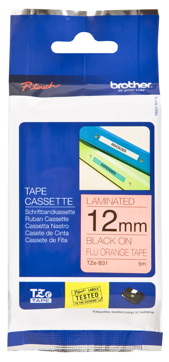 Brother TZE-B31 P-Touch 12mm Sarı Üzeri Siyah Laminasyonlu Etiket