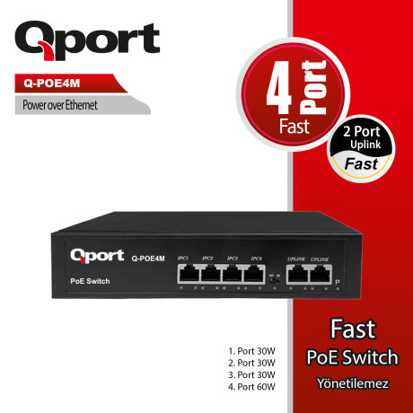 Qport Q-POE4M 4 Port 100Mbps Poe 2 Port Uplink 60W Poe Switch