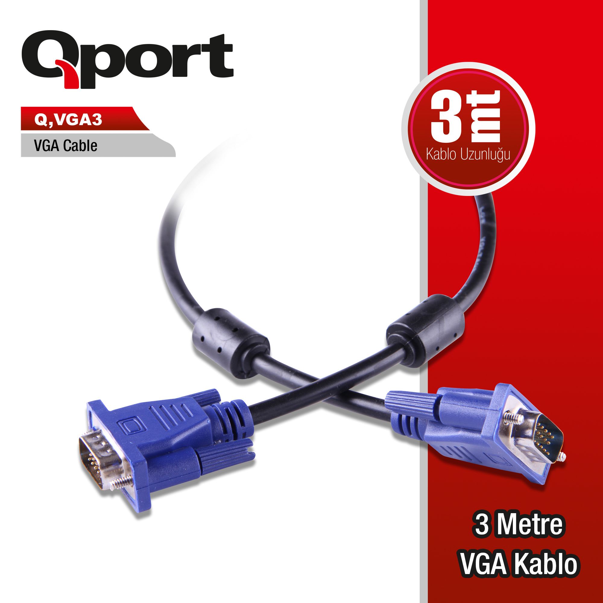 Qport Q-VGA3 3 Mt VGA to VGA Erkek-Erkek Vga Kablosu