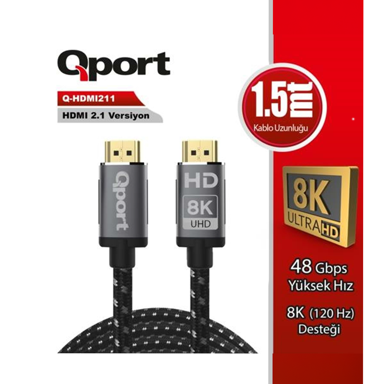 Qport Q-HDMI213 3 Mt HDMI to HDMI v2.1 8K 120Hz 48Gbps Altın Uçlu HDMI Görüntü Kablosu