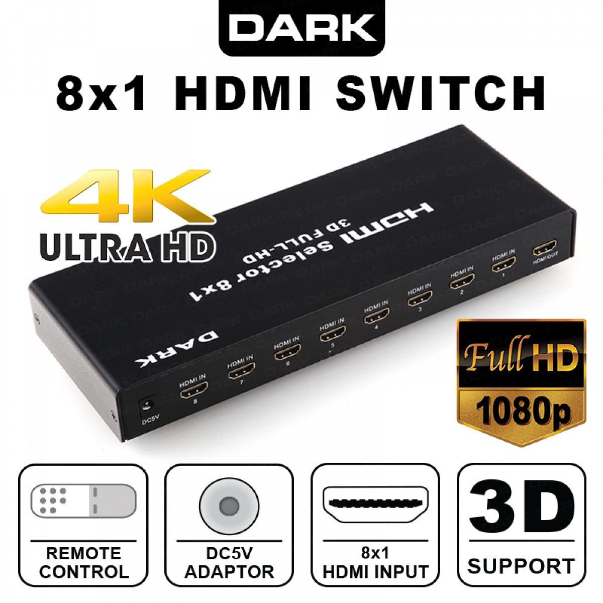 Dark DK-HD-SW8X1 8 Girişli 1 Çıkışlı Full HH Kumandalı Hdmı Swıtch Seçici