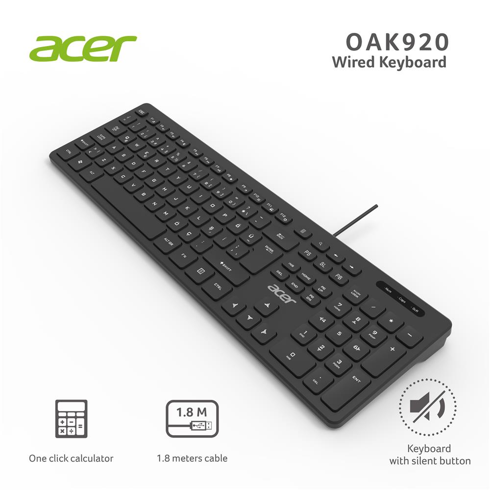 Acer OAK920 USB Q TR Sesiz Tuşlu Kablolu Siyah Klavye