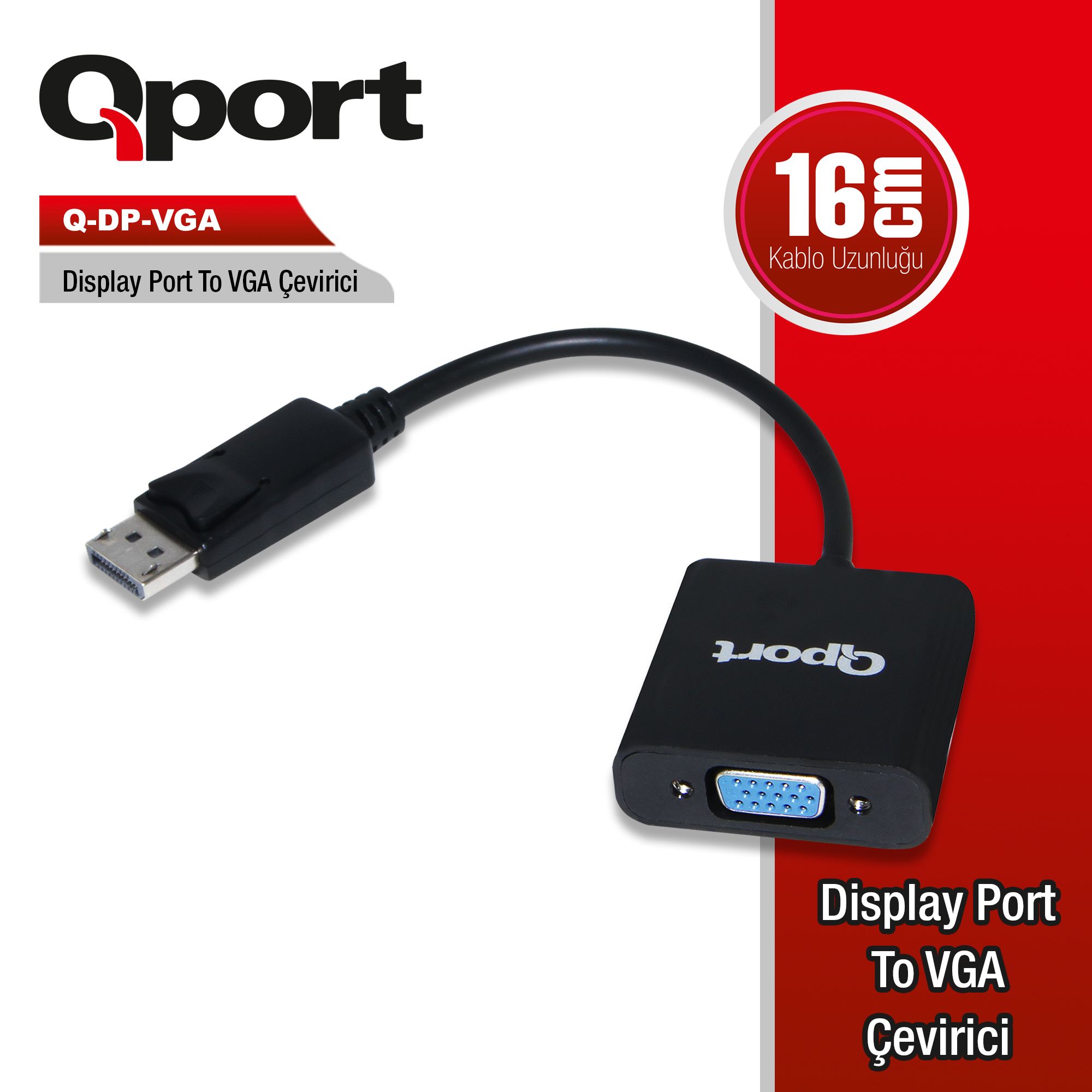 Qport Q-DP-VGA DISPLAY PORT to VGA Erkek-Dişi Dönüşütürücü Adaptör