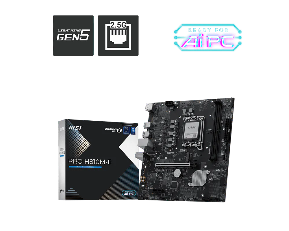 Msi PRO H810M-E Sc-1851 DDR5 6400MHz 1xM2 5Gbit USB 2.5Gbit LAN mATX INTEL Anakart