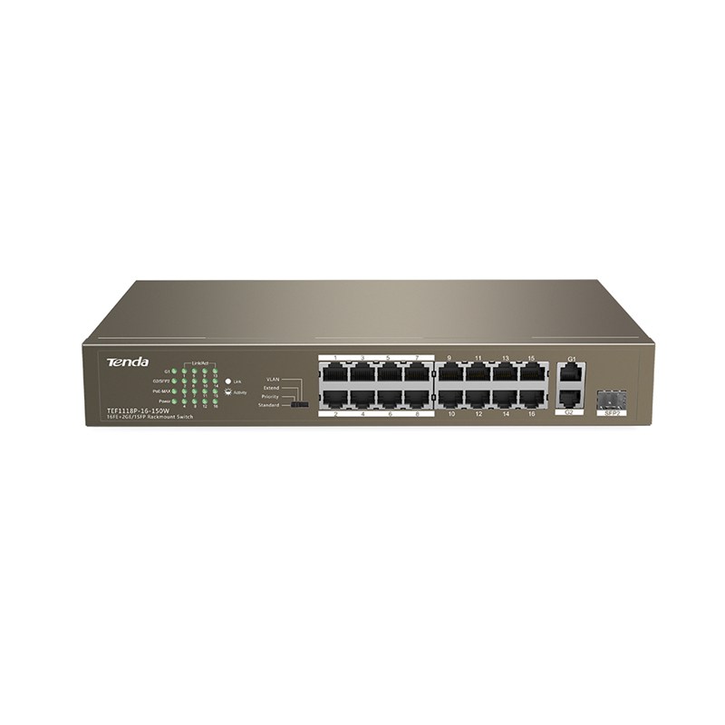 Tenda TEF1118P-16-150W 16 Port 2 Port Gigabit Ethernet 16 Port PoE 150W 1 Port SFP PoE Switch