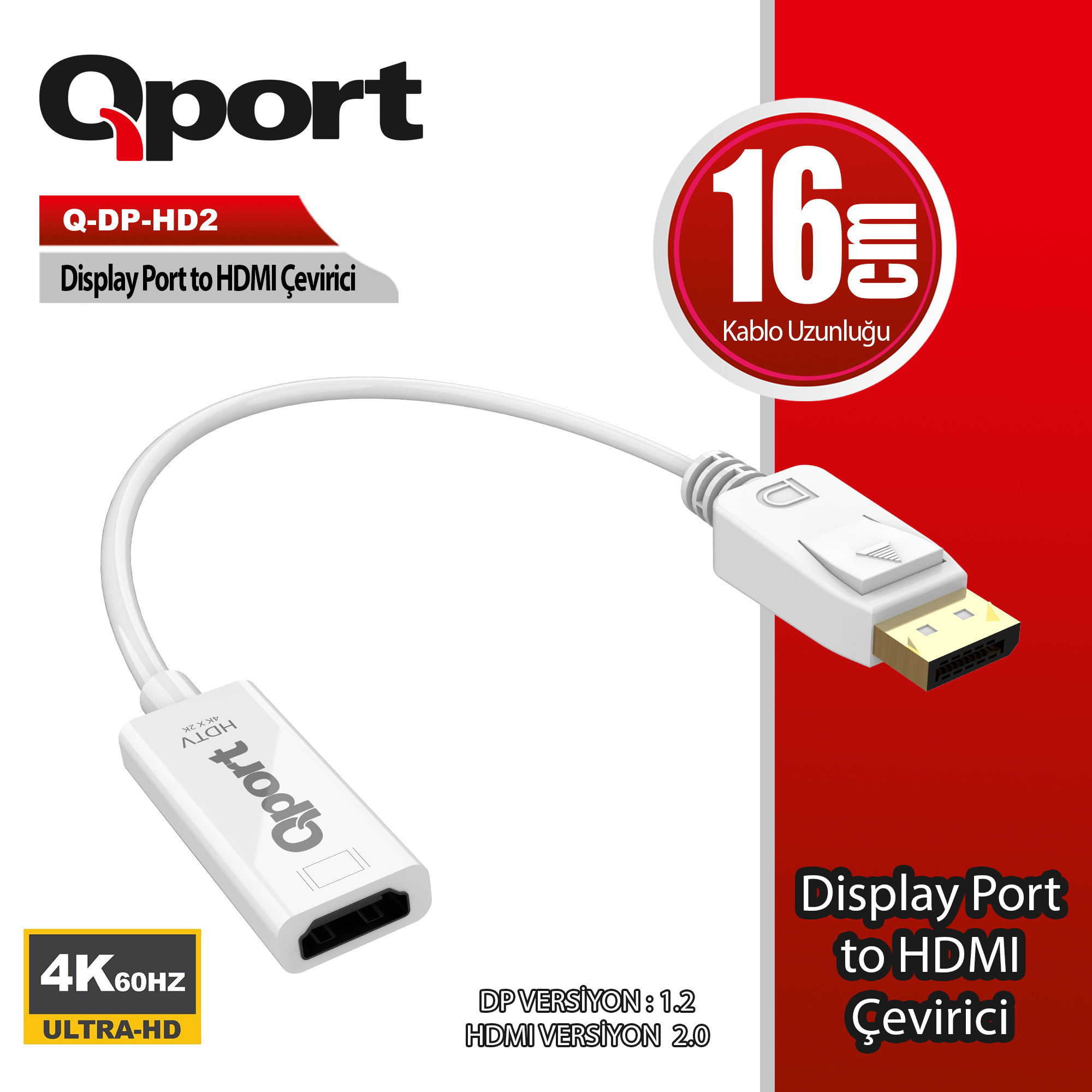 Qport Q-DP-HD2 DISPLAY PORT to HDMI 4K Erkek-Dişi Dönüşütürücü Adaptör