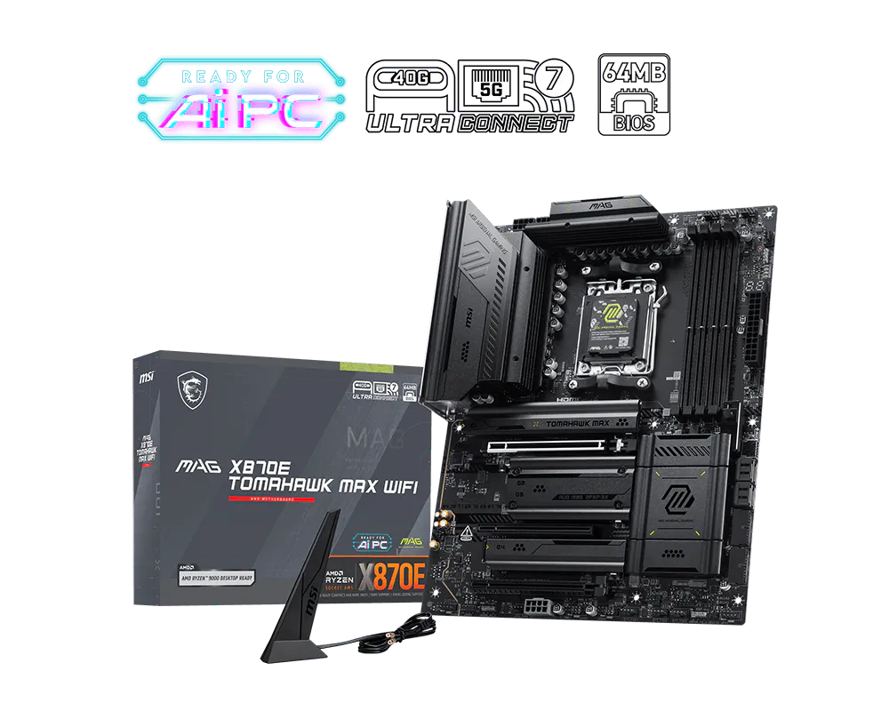 Msi MAG X870E TOMAHAWK MAX WIFI Sc-AM5 DDR5 8400MHz 4xM2 5Gbit Wi-Fi7 RGB ATX AMD Anakart