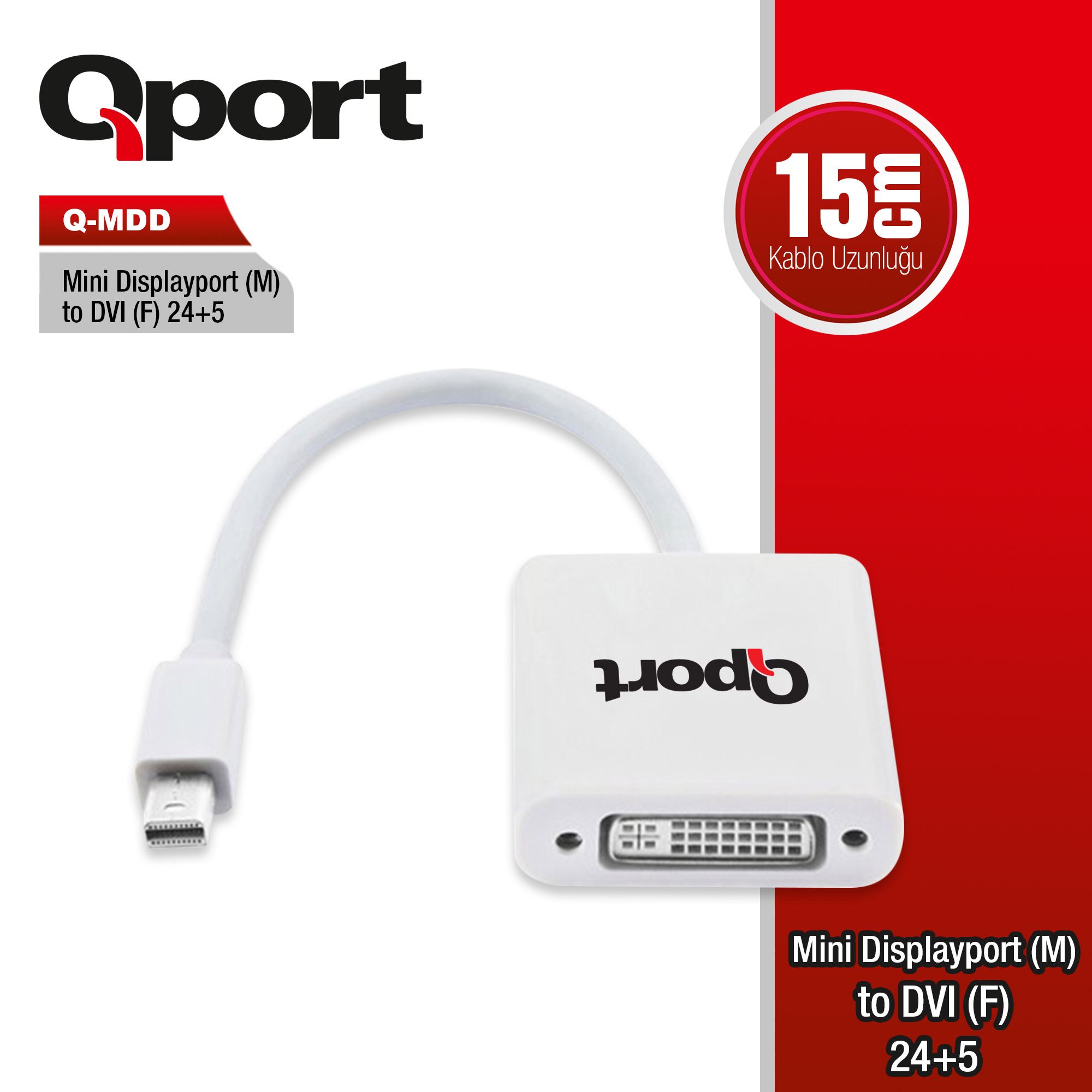 Qport Q-MDD mini DISPLAY PORt to DVI 21+4 Erkek-Dişi Aktif Dönüşütürücü Adaptör