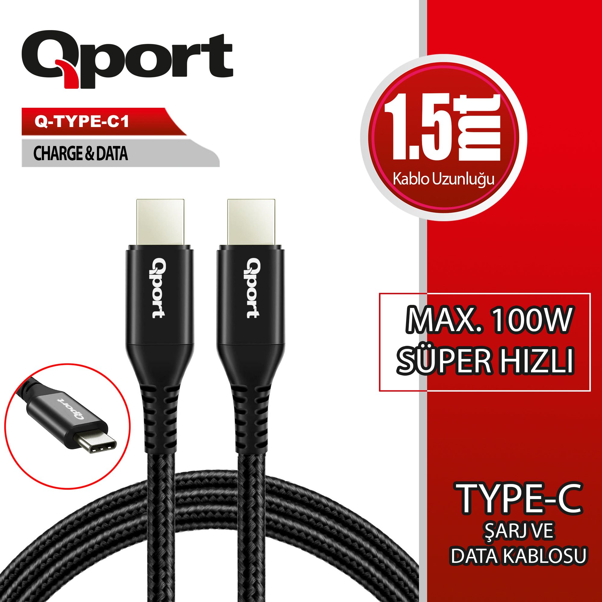 Qport Q-TYPE-C1 1.5 Mt USB Type C to USB Type C 100W Şarj Data Kablosu