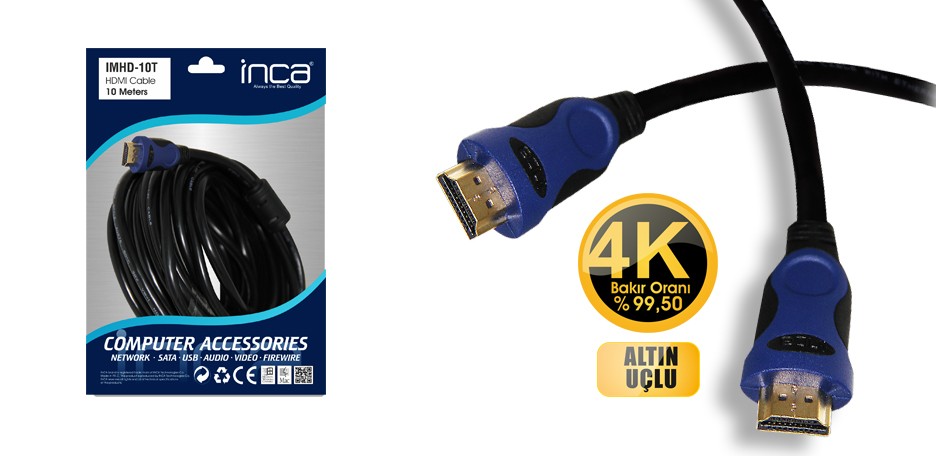 Inca IMHD-10T 10 Mt HDMI to HDMI 1.4 2160p 4K Altın Uçlu HDMI Kablosu