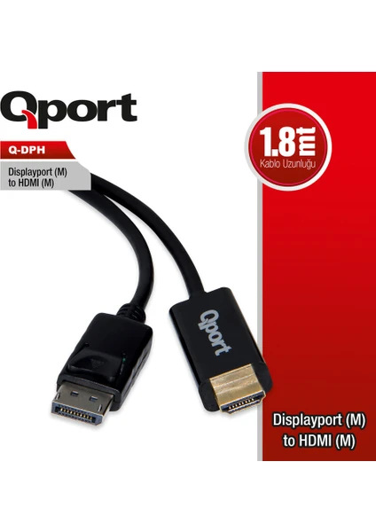Qport Q-DPH 1.8 Mt DISPLAYPORT to HDMI Dönüşütürücü Görüntü Kablosu