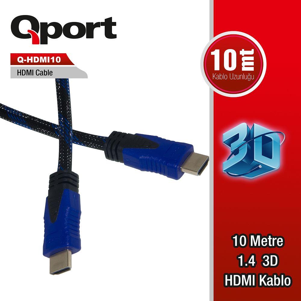 Qport Q-HDMI10 10 MT HDMı to HDMI V1.4 Erkek-Erkek Altın Uçlu 3D HDMı Görüntü Kablosu