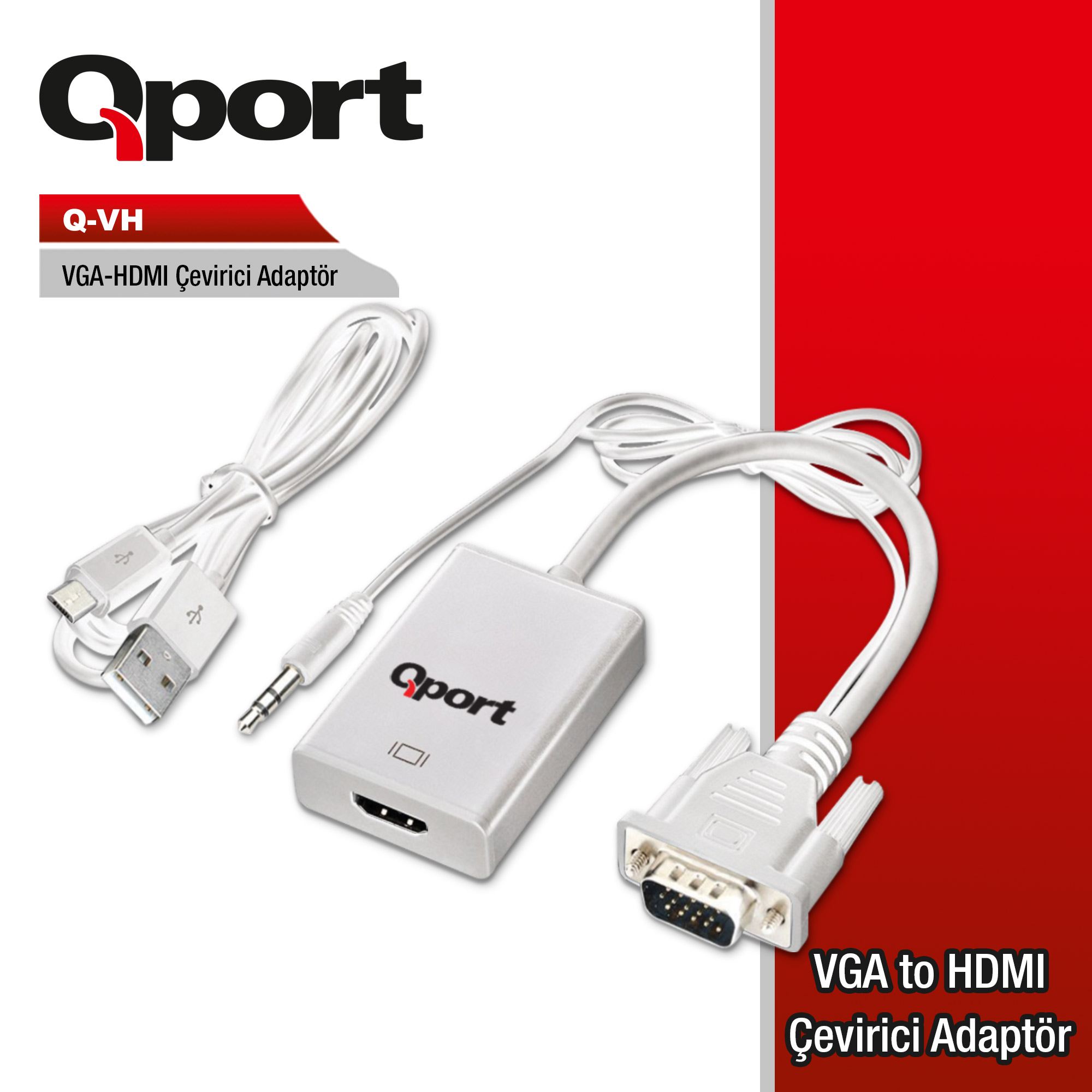 Qport Q-VH VGA to HDMI Ses Erkek-Dişi Aktif Dönüşütürücü Adaptör