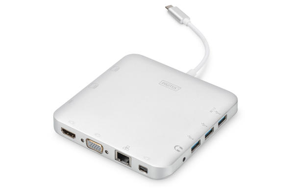 Digitus DA-70863 USB Type C to HDMI miniDP VGA USB Type C PD 3xUSB 3.0 RJ45 Kart Okuyucu Ses Portlu Docking Station