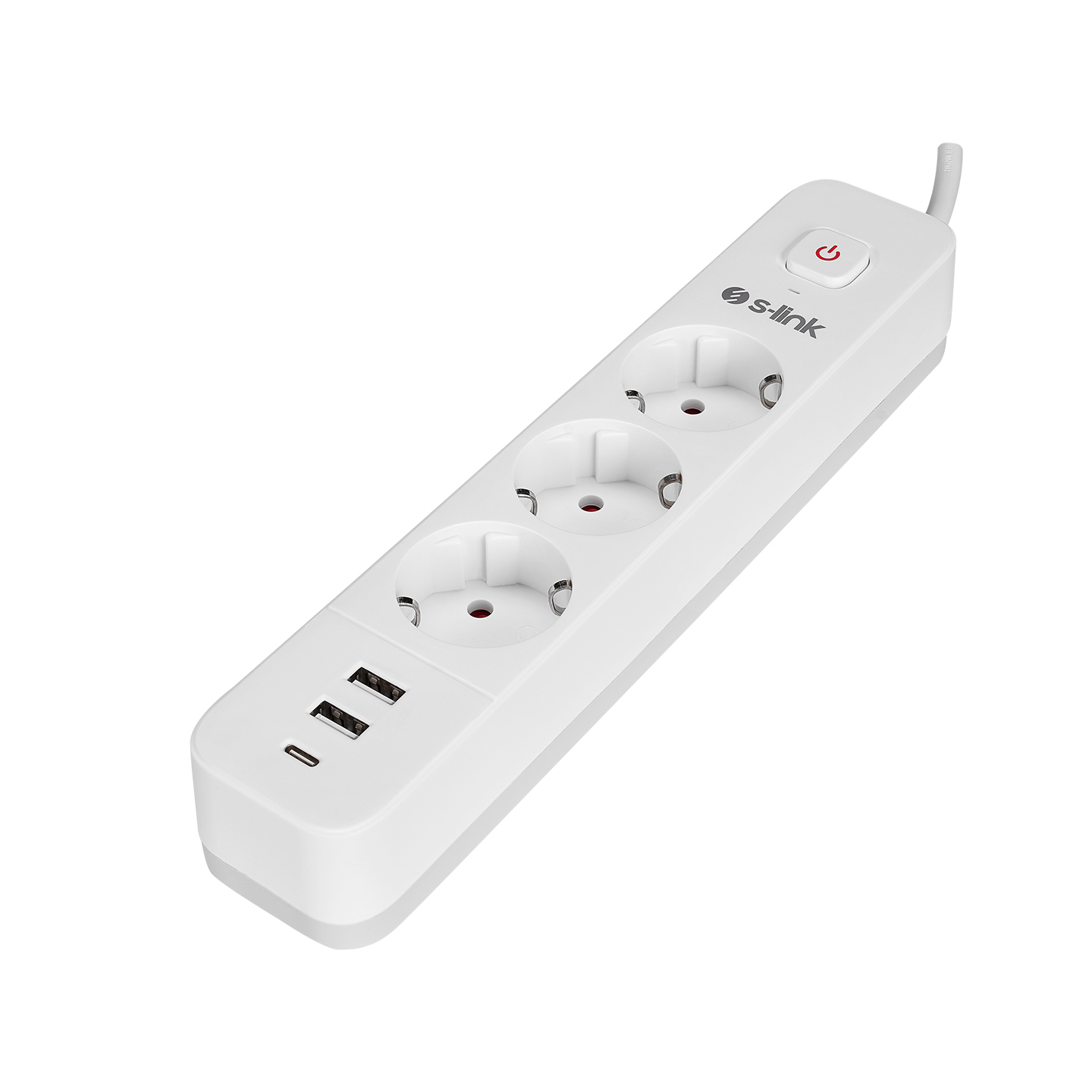 S-Link SPG03TC 1.5 Mt Kablou 3 lü 2x USB 5v 2.4A 100% Bakır 750 Joule Anahtarlı Beyaz Akım Korumalı Priz