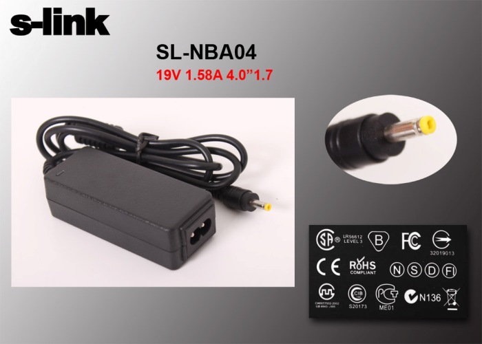 S-Link SL-NBA04 19V 1.58A 30W 4.0x1.7mm Siyah Hp Netbook Standart Adaptör