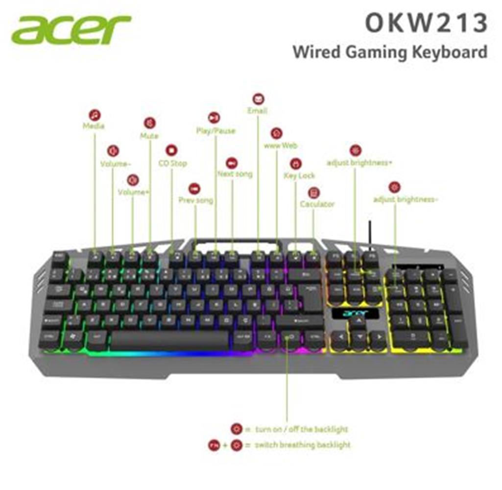 Acer OKW213 USB Q TR Rainbow Gri Kablolu Oyuncu Klavyesi