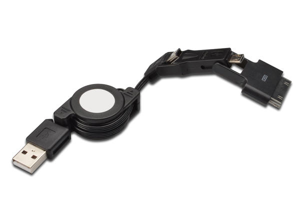 Digitus AK-620300-075-S 0.75 Mt USB 2.0 to micro USB 30 Pin to USB 2.0 Erkek-Erkek 3 in 1 Makaralı Kablo