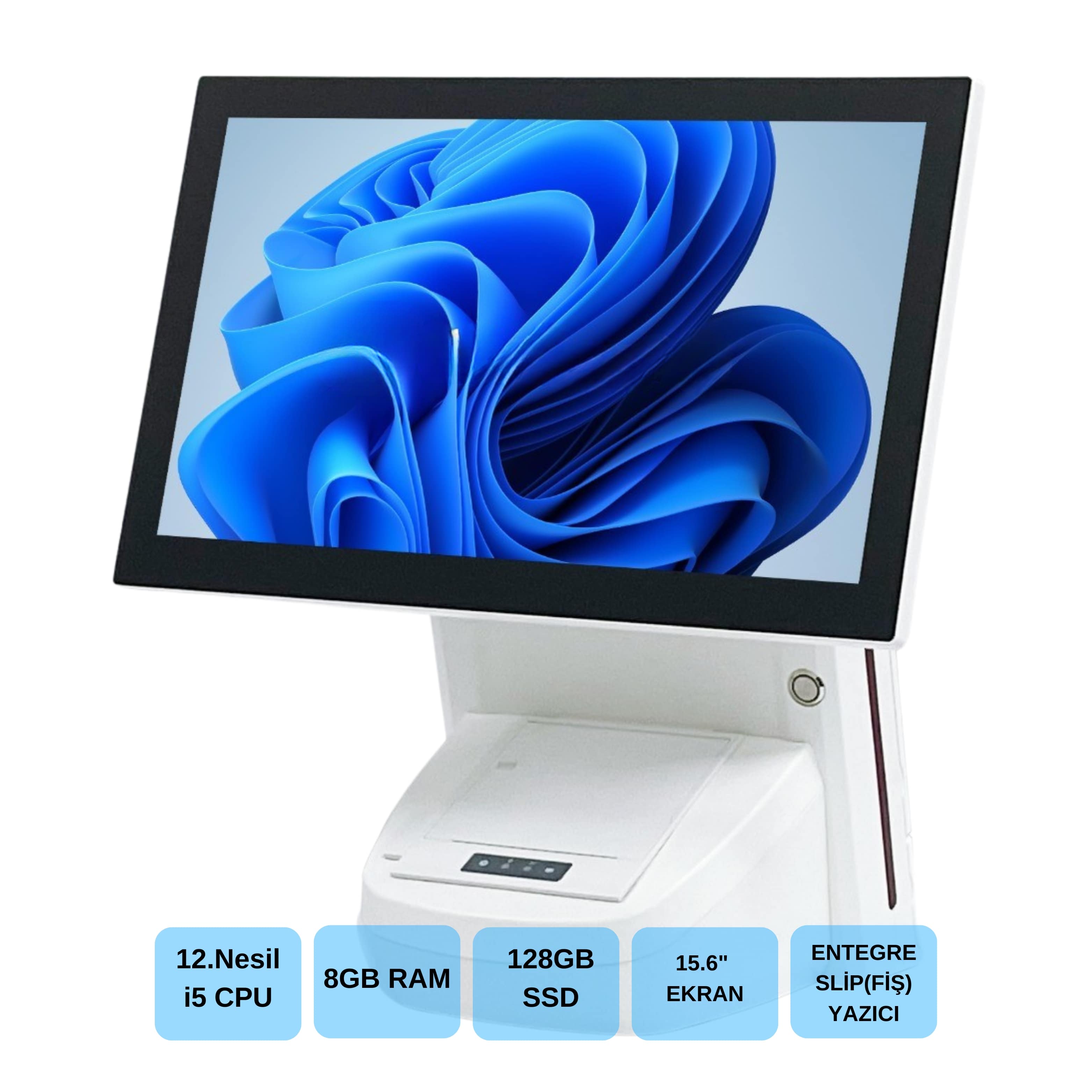 Iromx WP-1215W CI5 12. Nesil 8GB 128GB SSD 15.6 Wi-Fi Dahili Slip Yazıcı Beyaz Endüstriyel Pos Bilgisayar
