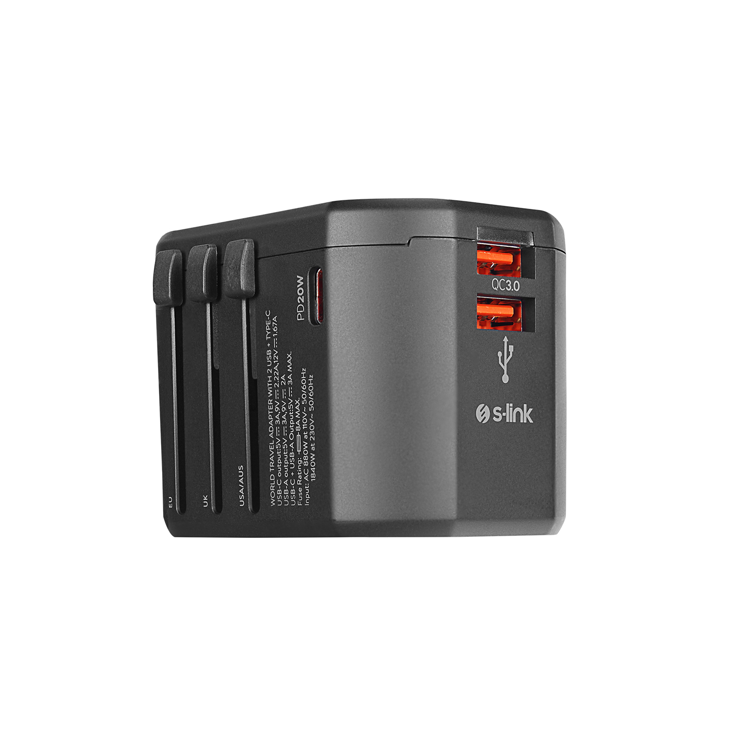 S-Link SL-WL20PD 2xUSB 2.4A PD 20W Akım Sigortalı 100-240V Universal Çevirici Priz Adaptörü