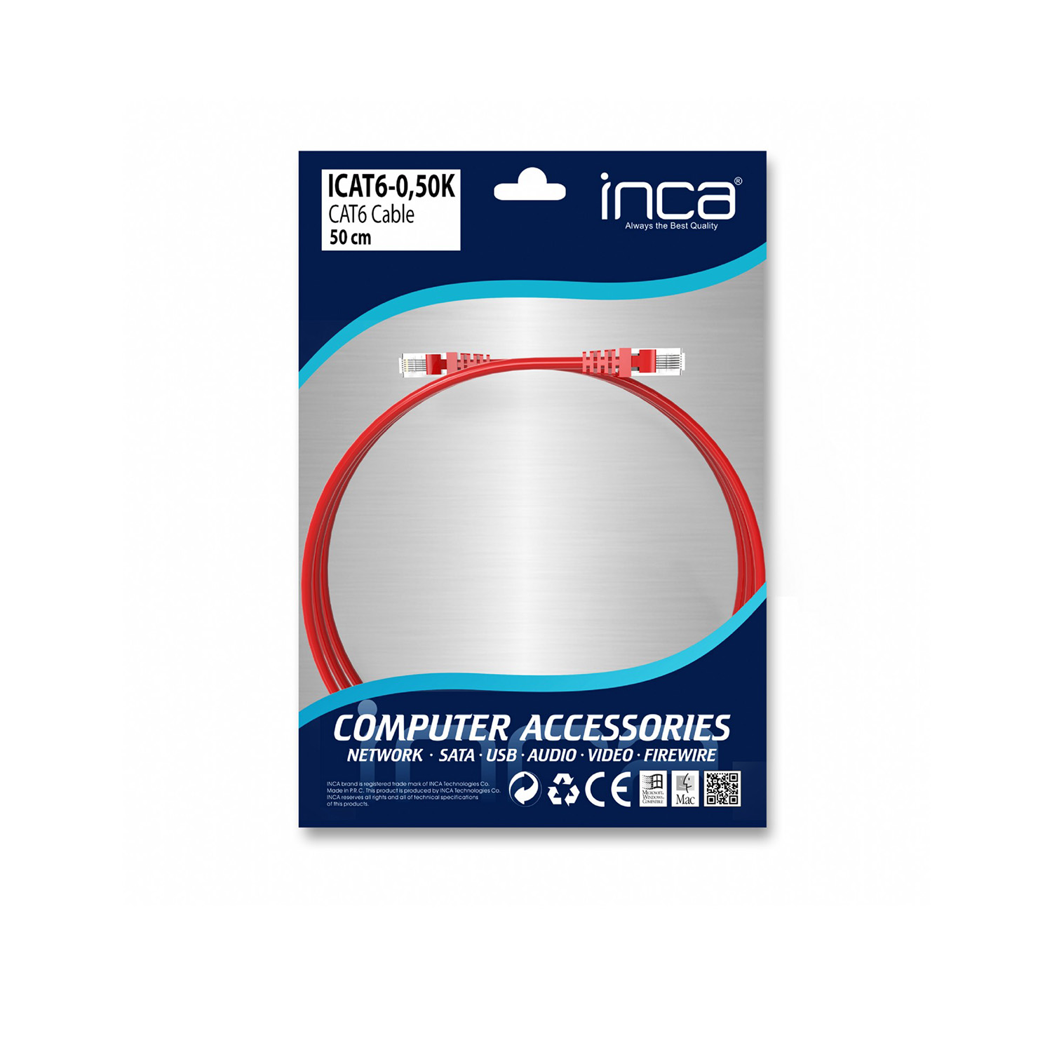 Inca ICAT6-0.50K 0.50Mt CAT6 24AWG Kırmızı Patch Cord Kablo