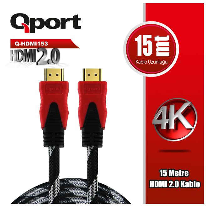 Qport Q-HDMI153 15 Mt HDMI to HDMI v2.0 Erkek-Erkek Altın Uçlu 3D 4K HDMı Görüntü Kablosu