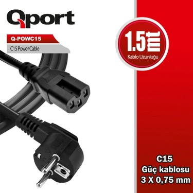 Qport Q-POWC15 1.5 Mt 3x0.75mm Power to C15 Power Kablosu
