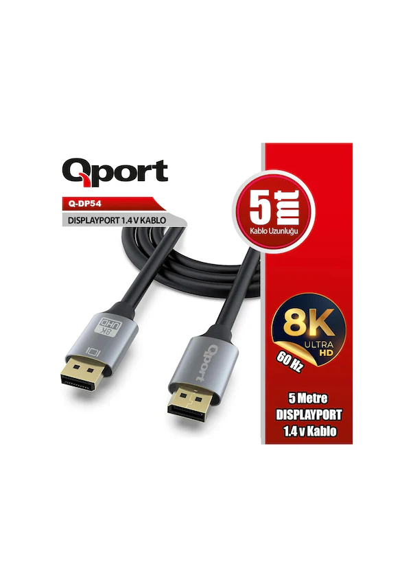 Qport Q-DP54 5 Mt DISPLAYPORT to DISPLAYPORT v1.4 Erkek-Erkek Görüntü Kablosu