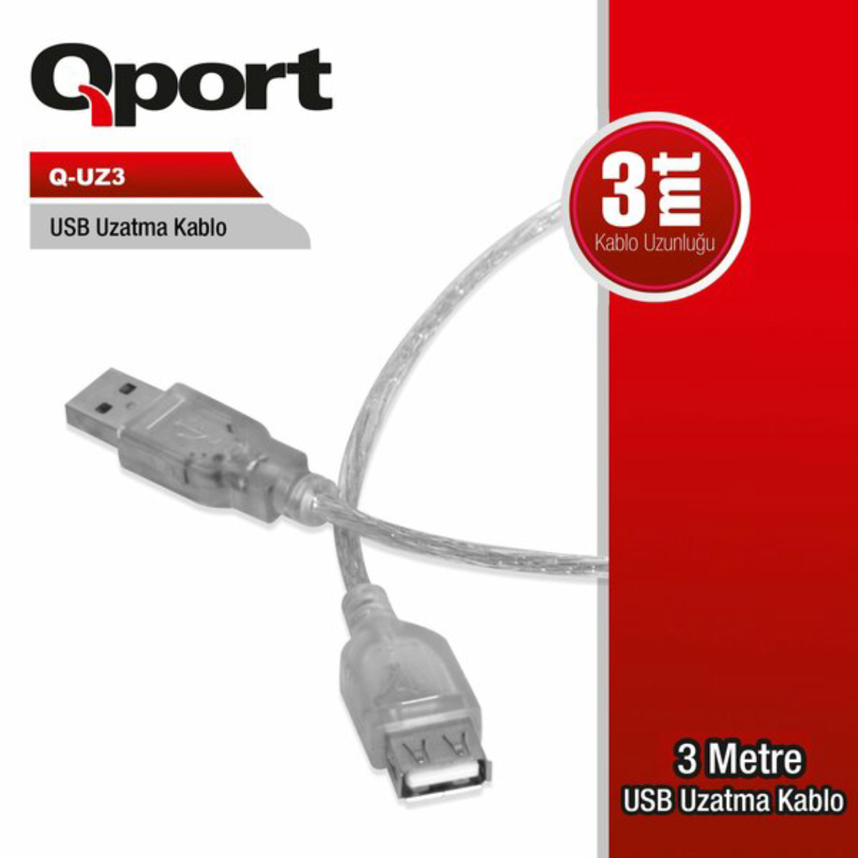 Qport Q-UZ3 3 Mt USB 2.0 to USB 2.0 Erkek-Dişi USB Uzatma Kablosu