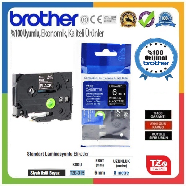 Brother P-Touch TZE-315 6mm 8Mt Siyah Üzerine Beyaz Laminasyonlu Etiket