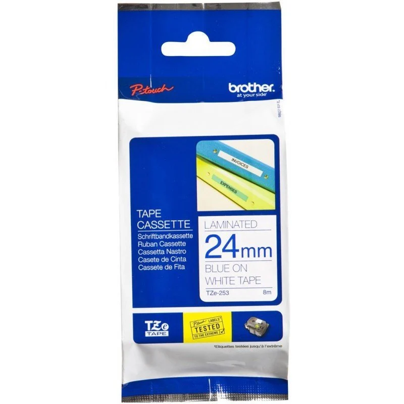 Brother P-TOUCH TZE-253 24mm 8Mt Beyaz Üzerine Mavi Laminasyonlu Etiket