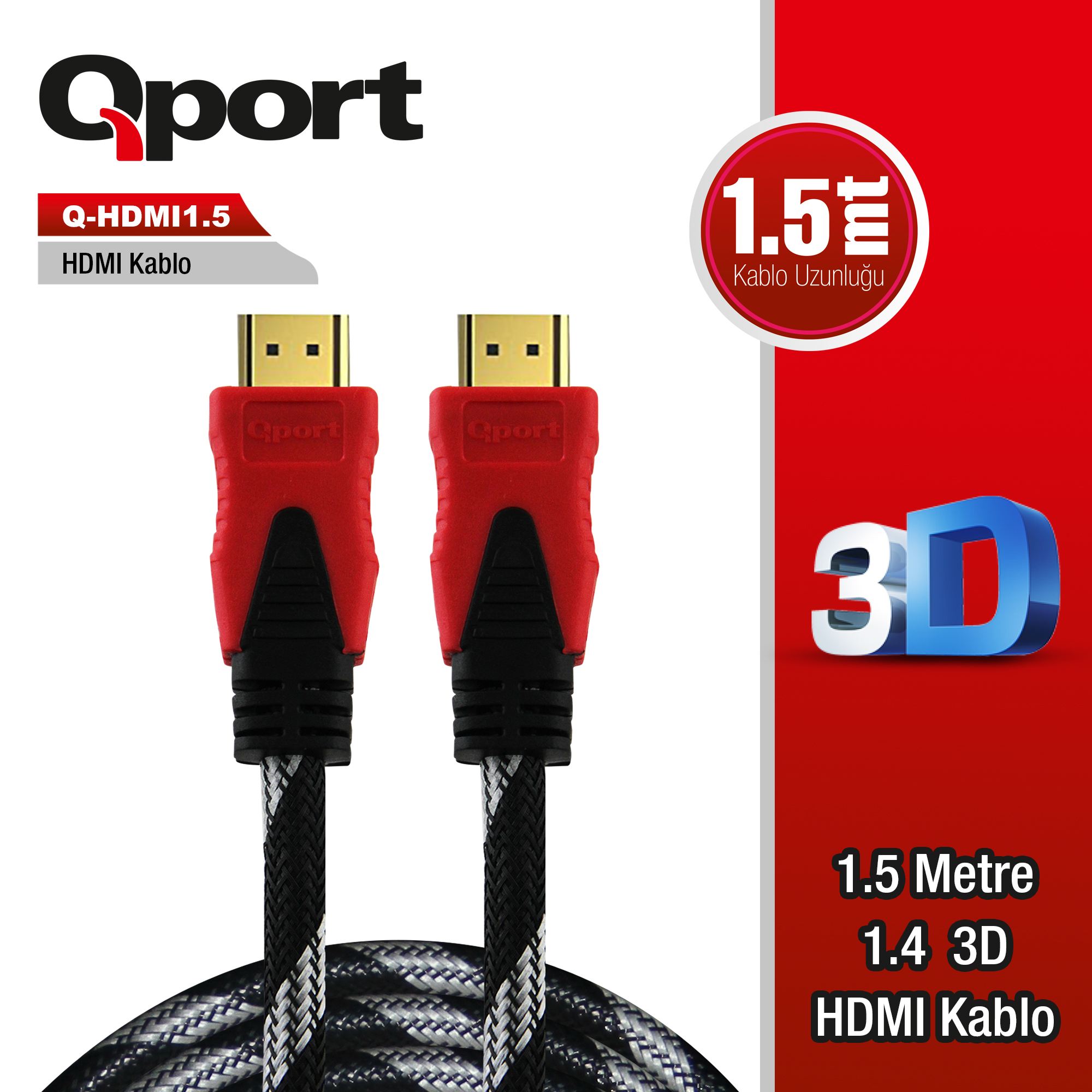 Qport Q-HDMI1.5 1.5 Mt HDMI to HDMI V1.4 Erkek-Erkek Altın Uçlu 3D HDMı Görüntü Kablosu