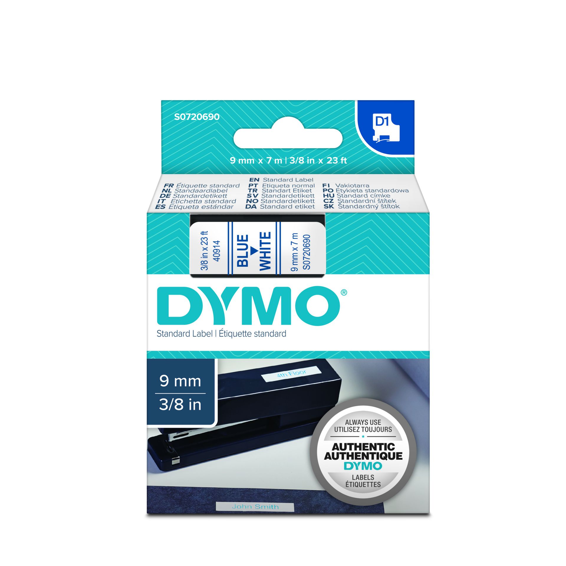 Dymo 40914 D1 7Mt 9mm Beyaz Mavi Yedek Şerit