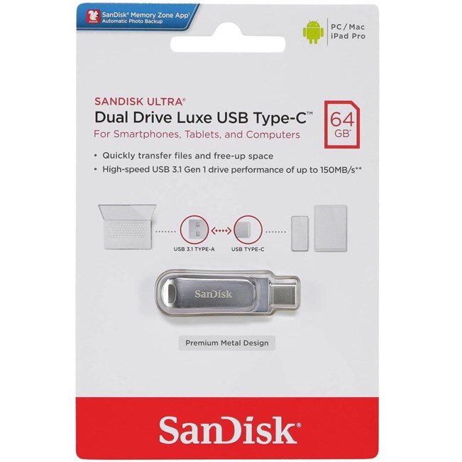 Sandisk SDDDC4-064G-G46 64 GB Dula USB 3.1 Gen - Type C Drive Luxe USB Flash Bellek